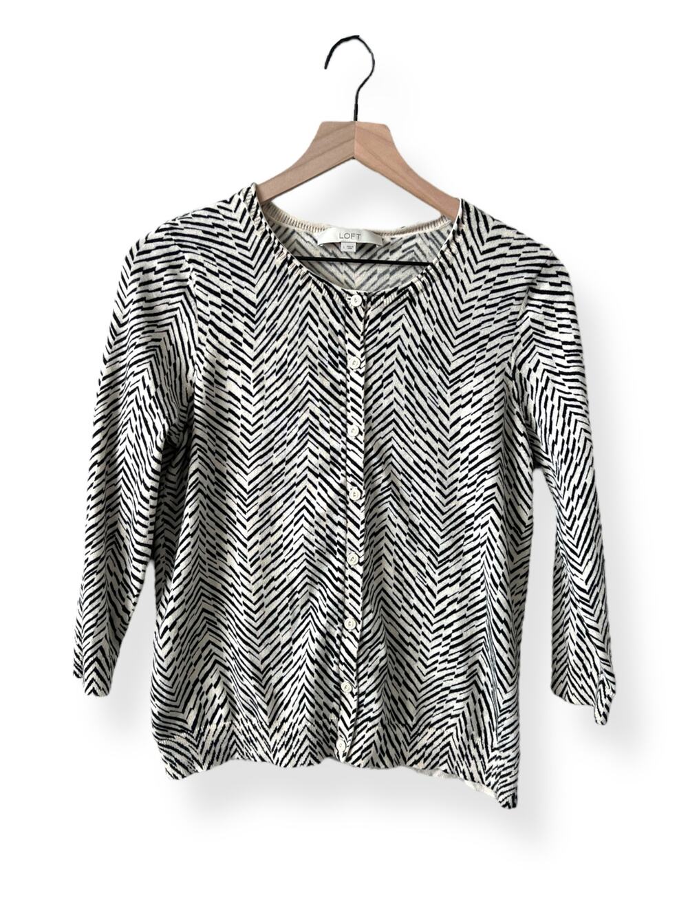 LOFT Cotton Abstract Herringbone White and Black Cardigan